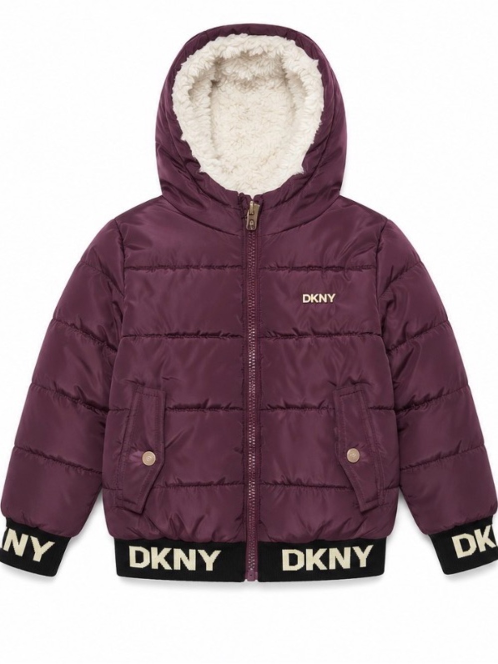 DKNY Girls Size 4 Reversible Plum Puffer & White Faux Fur Hooded Jacket